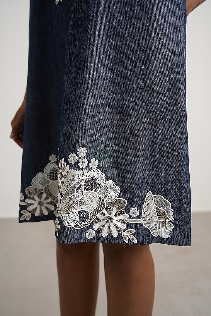 Dark Blue Denim Floral Embroidered Mini Vacation Dress by Nakateki at Pernia's Pop Up Shop