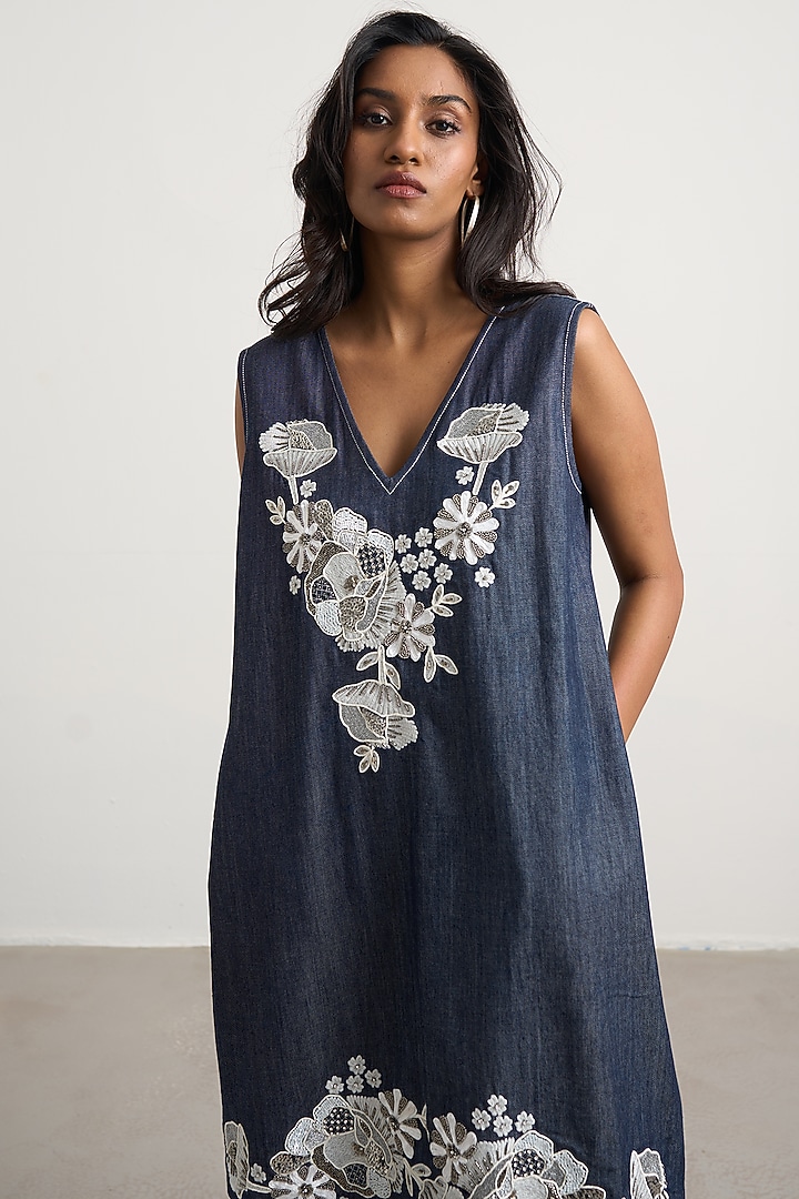 Dark Blue Denim Floral Embroidered Mini Vacation Dress by Nakateki at Pernia's Pop Up Shop