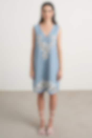 Blue Chambray Floral Embroidered Mini Vacation Dress by Nakateki at Pernia's Pop Up Shop