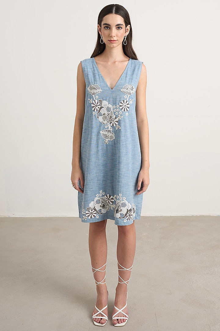 Blue Chambray Floral Embroidered Mini Vacation Dress by Nakateki at Pernia's Pop Up Shop