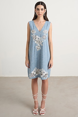 Blue Chambray Floral Embroidered Mini Dress by Nakateki