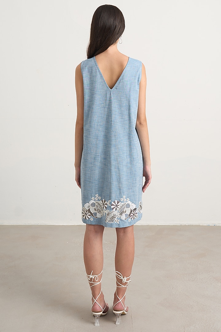 Blue Chambray Floral Embroidered Mini Vacation Dress by Nakateki at Pernia's Pop Up Shop