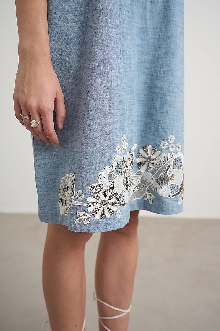 Blue Chambray Floral Embroidered Mini Vacation Dress by Nakateki at Pernia's Pop Up Shop