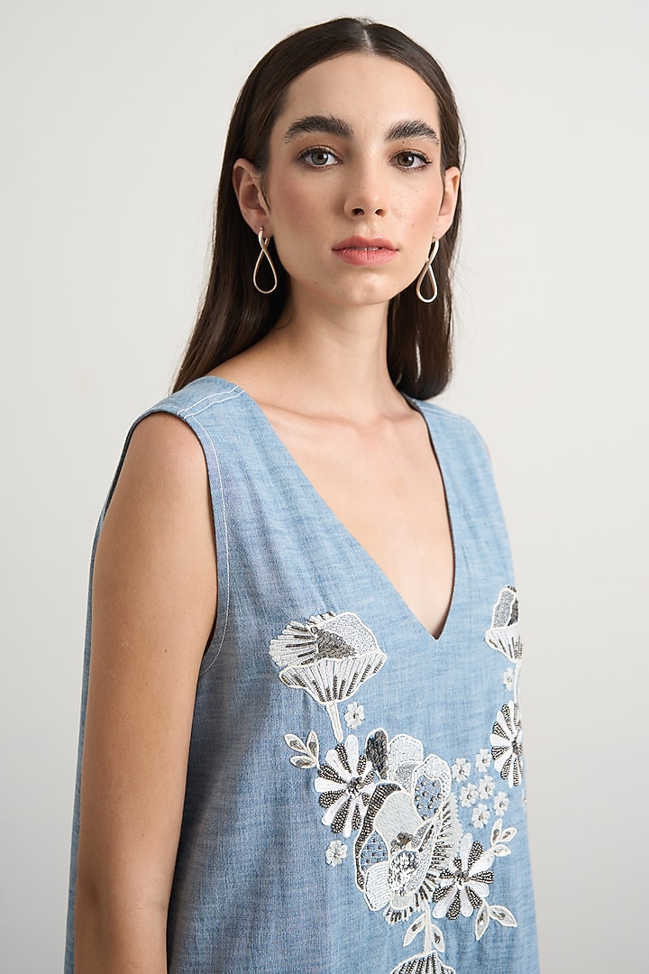 Blue Chambray Floral Embroidered Mini Vacation Dress by Nakateki at Pernia's Pop Up Shop