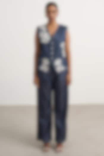 Dark Blue Denim Floral Embroidered Co-Ord Set by Nakateki at Pernia's Pop Up Shop