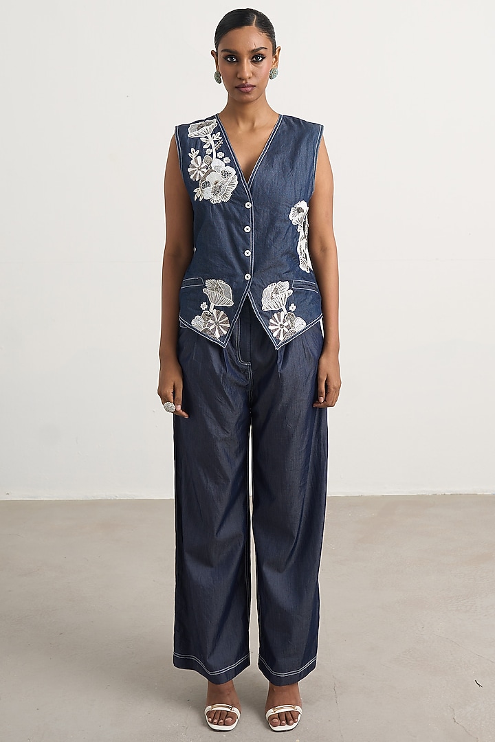 Dark Blue Denim Floral Embroidered Co-Ord Set by Nakateki at Pernia's Pop Up Shop