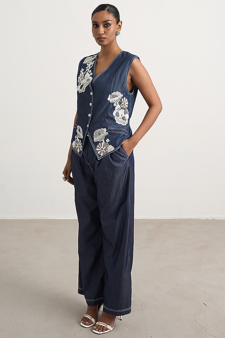 Dark Blue Denim Floral Embroidered Co-Ord Set by Nakateki at Pernia's Pop Up Shop