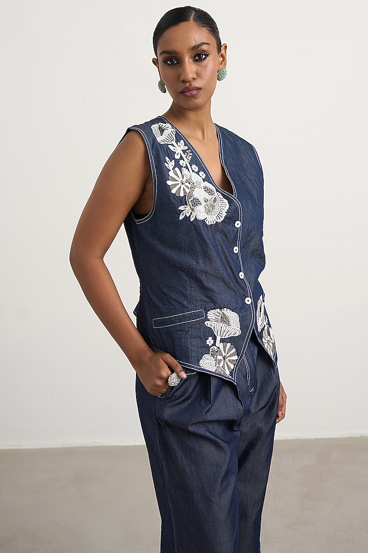 Dark Blue Denim Floral Embroidered Co-Ord Set by Nakateki at Pernia's Pop Up Shop