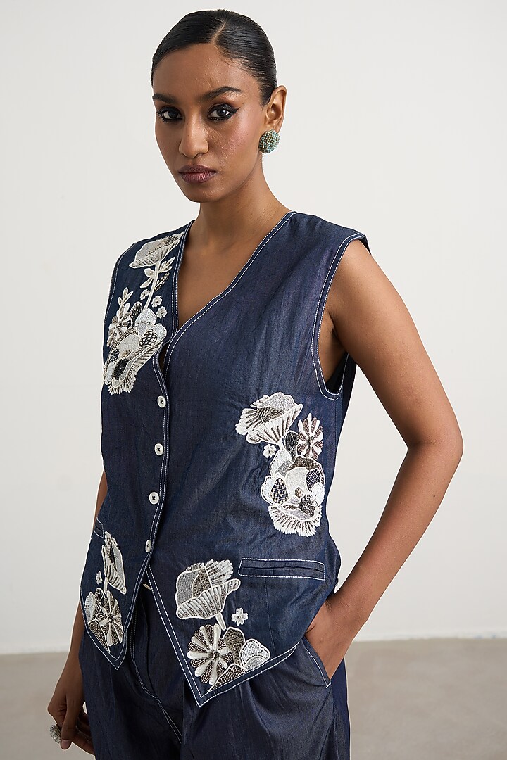 Dark Blue Denim Floral Embroidered Co-Ord Set by Nakateki at Pernia's Pop Up Shop