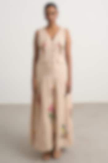 Beige Linen Floral Embroidered Maxi Vacation Dress by Nakateki at Pernia's Pop Up Shop