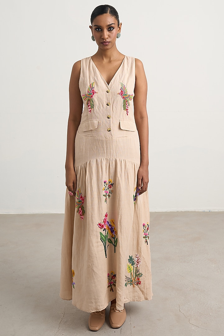 Beige Linen Floral Embroidered Maxi Vacation Dress by Nakateki at Pernia's Pop Up Shop