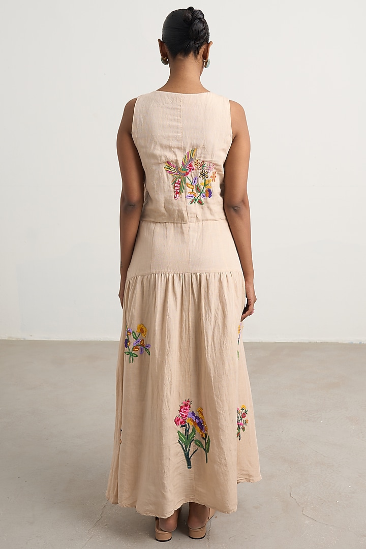 Beige Linen Floral Embroidered Maxi Vacation Dress by Nakateki at Pernia's Pop Up Shop