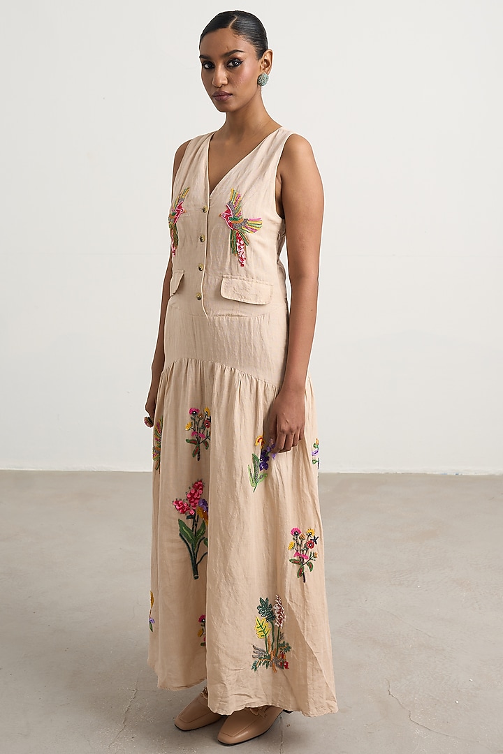 Beige Linen Floral Embroidered Maxi Vacation Dress by Nakateki at Pernia's Pop Up Shop