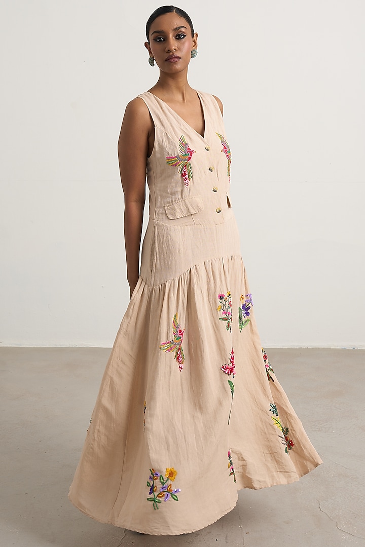 Beige Linen Floral Embroidered Maxi Vacation Dress by Nakateki at Pernia's Pop Up Shop