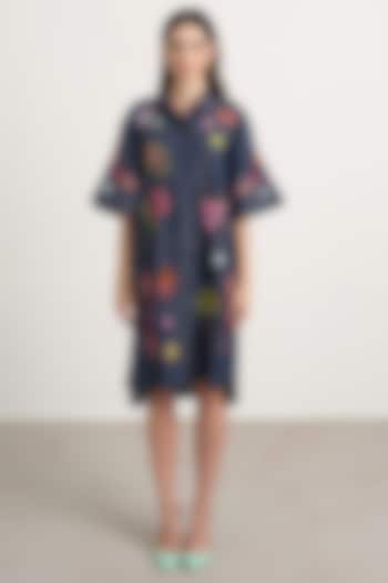 Blue Denim Motif Embroidered Button-Down Mini Vacation Dress by Nakateki at Pernia's Pop Up Shop