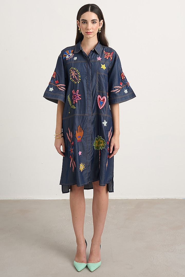 Blue Denim Motif Embroidered Button-Down Mini Vacation Dress by Nakateki at Pernia's Pop Up Shop