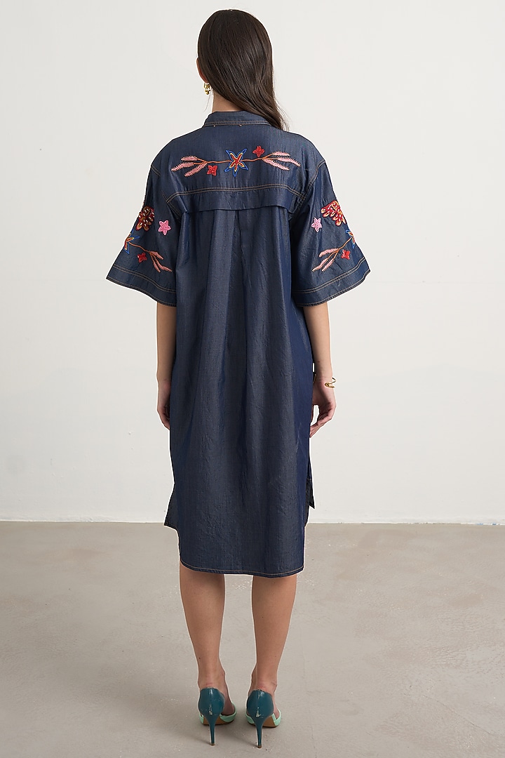 Blue Denim Motif Embroidered Button-Down Mini Vacation Dress by Nakateki at Pernia's Pop Up Shop