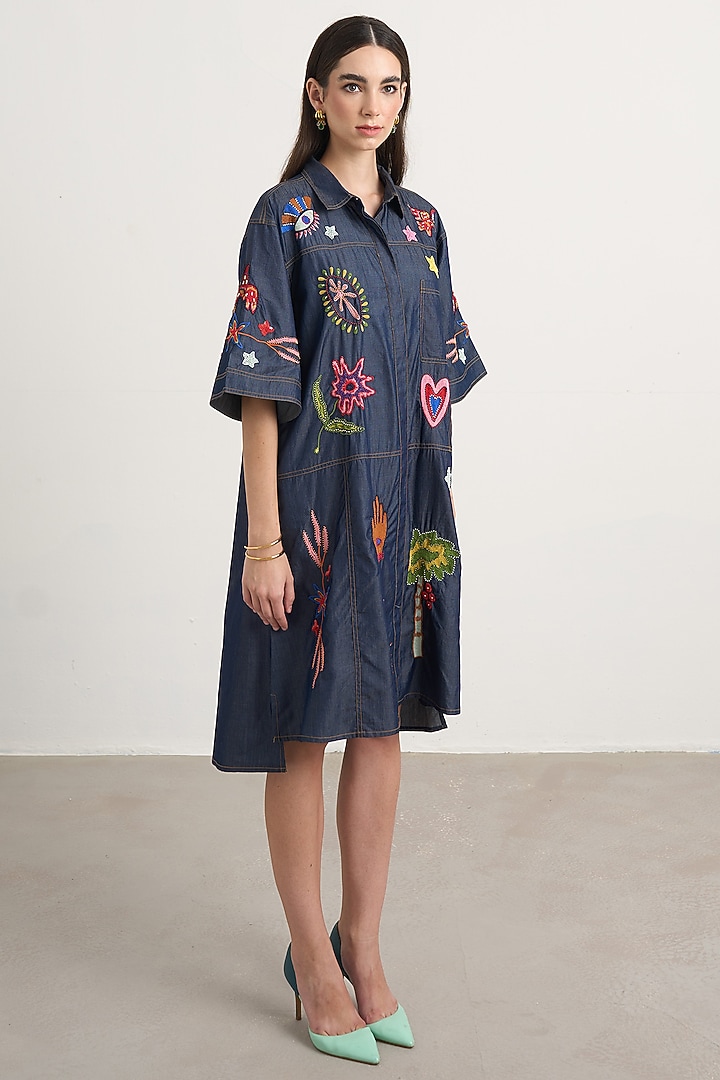 Blue Denim Motif Embroidered Button-Down Mini Vacation Dress by Nakateki at Pernia's Pop Up Shop