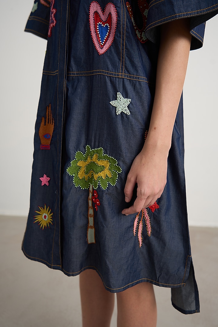 Blue Denim Motif Embroidered Button-Down Mini Vacation Dress by Nakateki at Pernia's Pop Up Shop