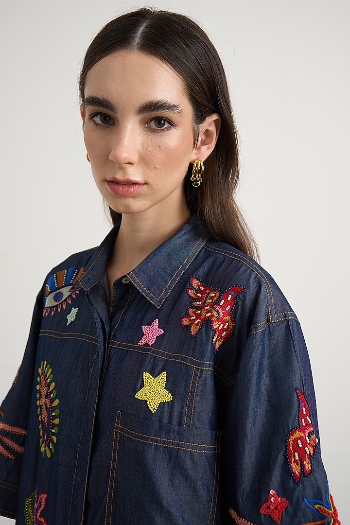 Blue Denim Motif Embroidered Button-Down Mini Vacation Dress by Nakateki at Pernia's Pop Up Shop