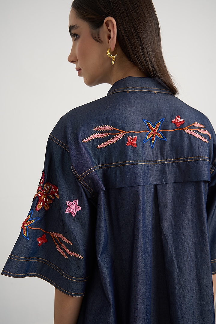 Blue Denim Motif Embroidered Button-Down Mini Vacation Dress by Nakateki at Pernia's Pop Up Shop