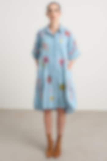 Blue Denim Hand Embroidered A-line Vacation Dress by Nakateki at Pernia's Pop Up Shop