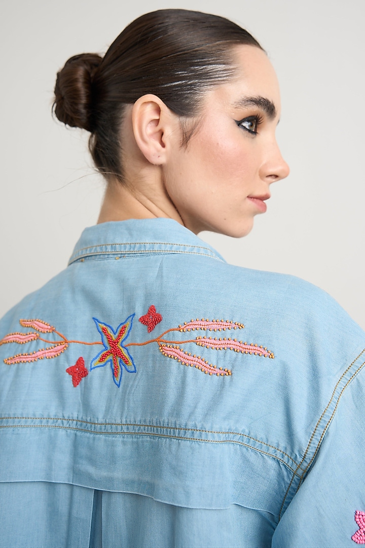 Blue Denim Hand Embroidered A-line Vacation Dress by Nakateki at Pernia's Pop Up Shop