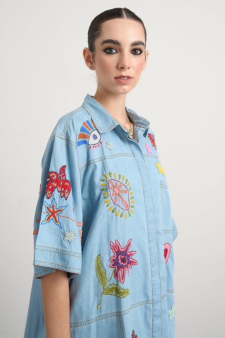 Blue Denim Hand Embroidered A-line Vacation Dress by Nakateki at Pernia's Pop Up Shop