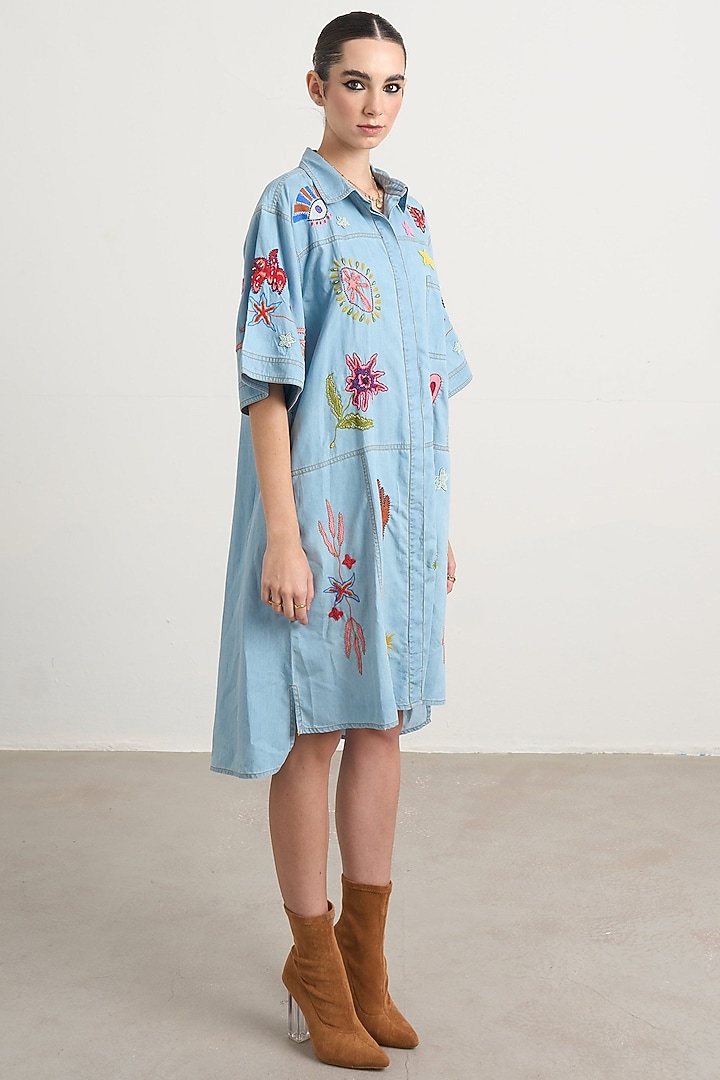 Blue Denim Hand Embroidered A-line Vacation Dress by Nakateki at Pernia's Pop Up Shop