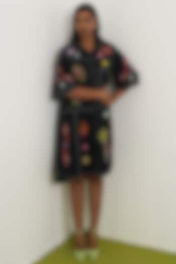 Black Cotton Hand Embroidered A-line Vacation Dress by Nakateki at Pernia's Pop Up Shop