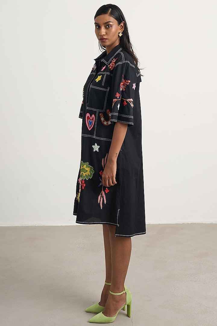 Black Cotton Hand Embroidered A-line Vacation Dress by Nakateki at Pernia's Pop Up Shop