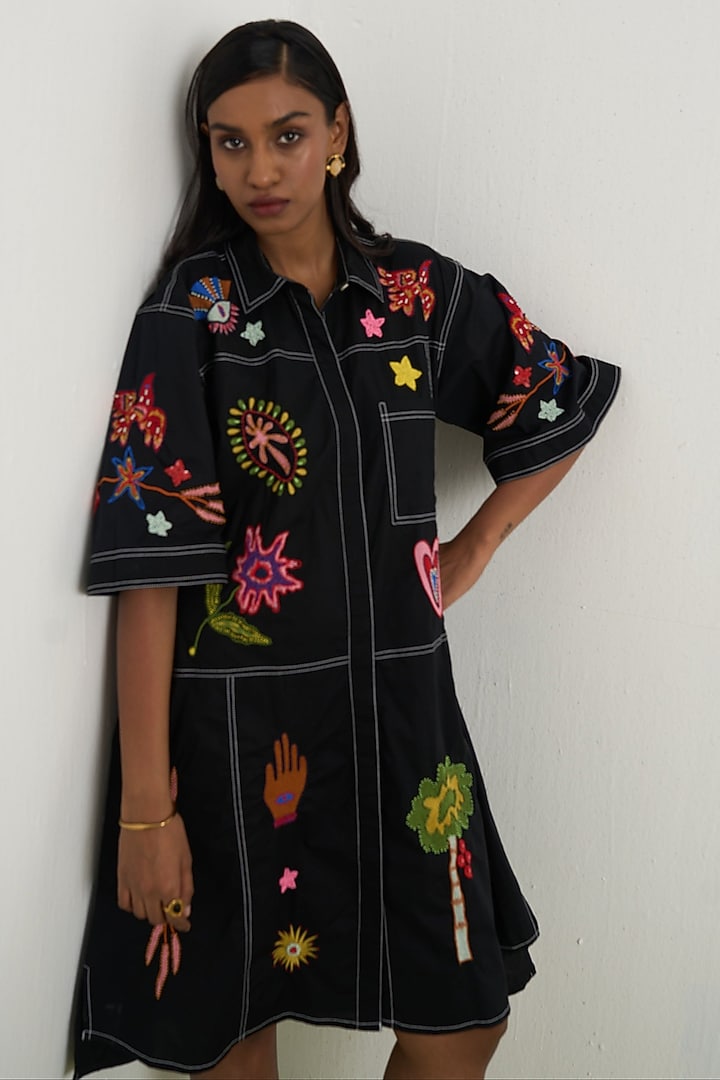 Black Cotton Hand Embroidered A-line Vacation Dress by Nakateki at Pernia's Pop Up Shop