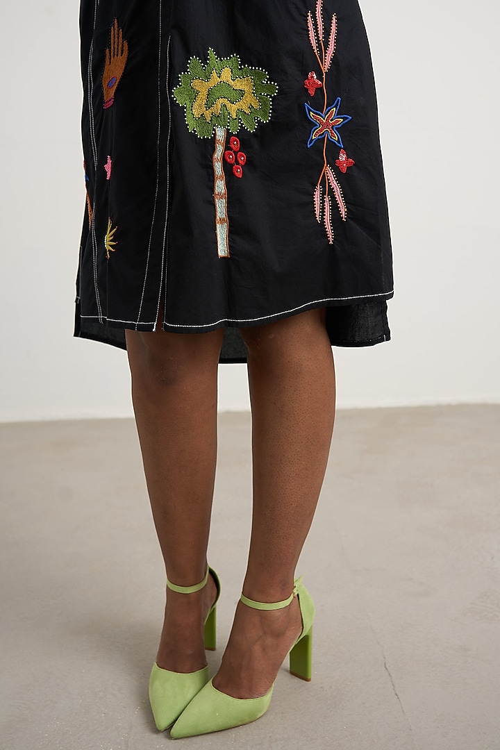 Black Cotton Hand Embroidered A-line Vacation Dress by Nakateki at Pernia's Pop Up Shop