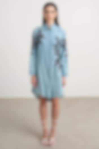 Blue Denim Floral Embroidered High-Low Shirt Vacation Dress by Nakateki at Pernia's Pop Up Shop