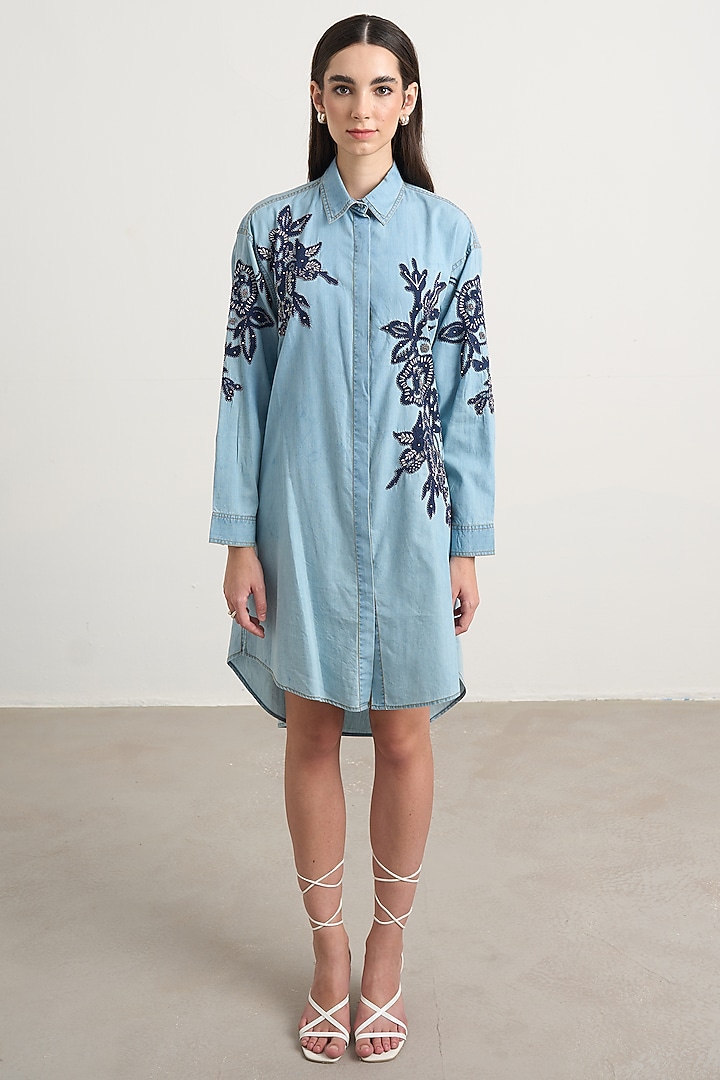 Blue Denim Floral Embroidered High-Low Shirt Vacation Dress by Nakateki at Pernia's Pop Up Shop