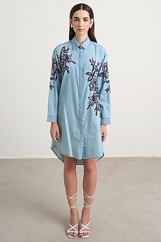 Blue Denim Floral Embroidered High-Low Shirt Dress by Nakateki