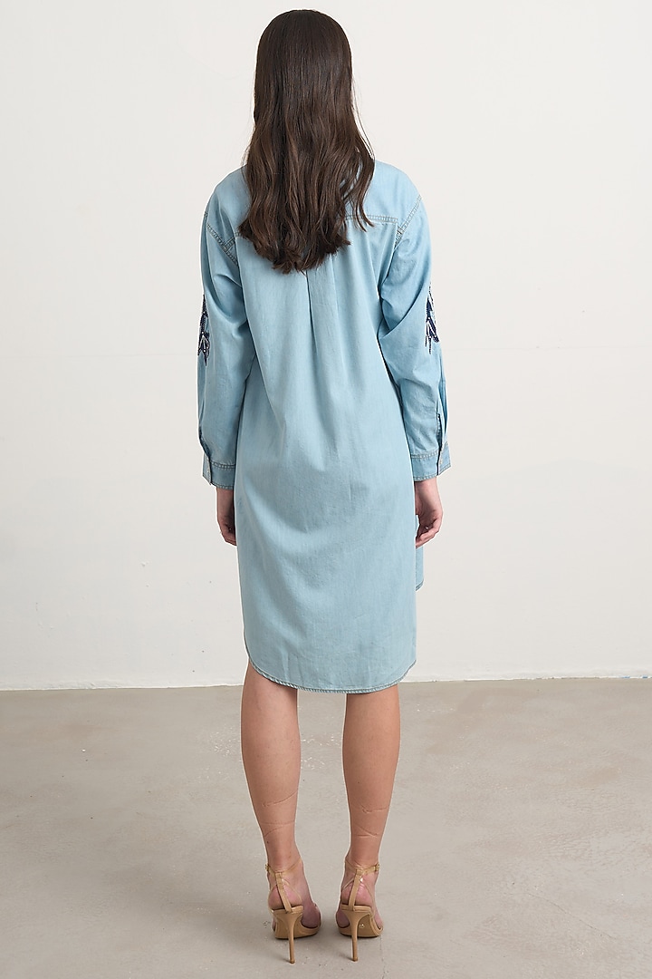 Blue Denim Floral Embroidered High-Low Shirt Vacation Dress by Nakateki at Pernia's Pop Up Shop