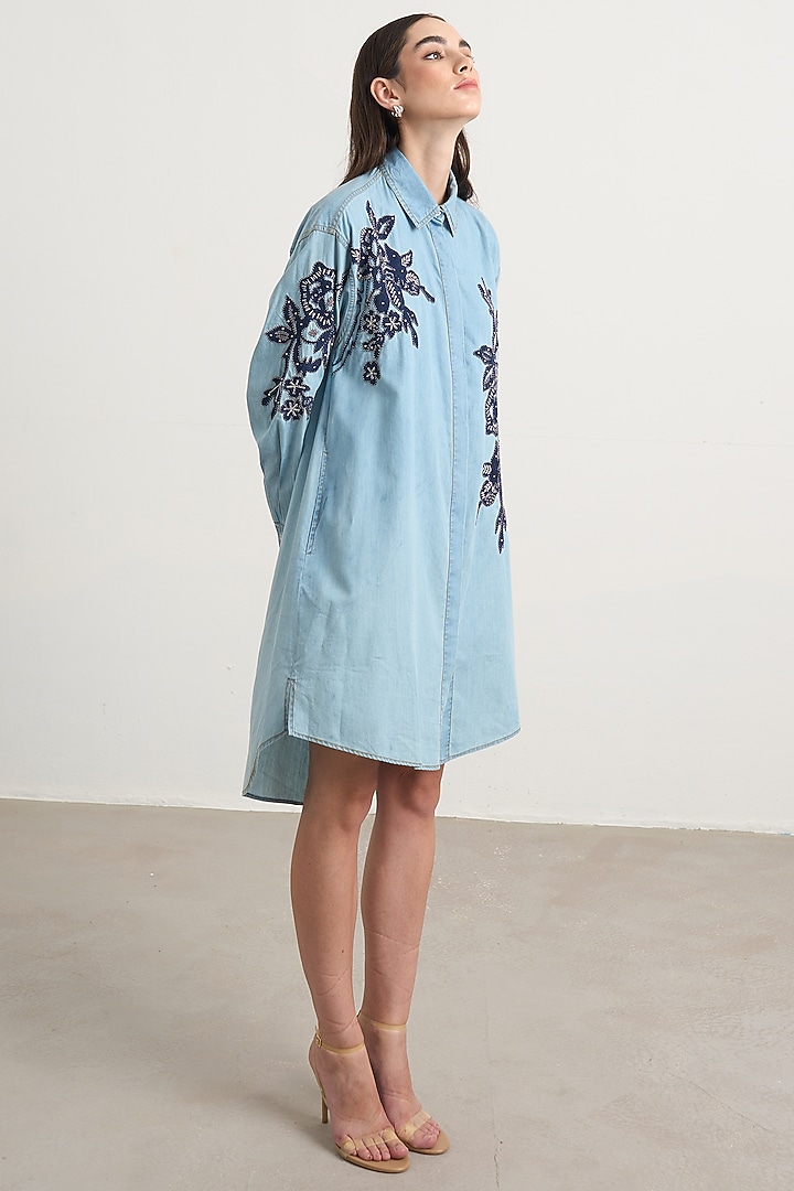 Blue Denim Floral Embroidered High-Low Shirt Vacation Dress by Nakateki at Pernia's Pop Up Shop