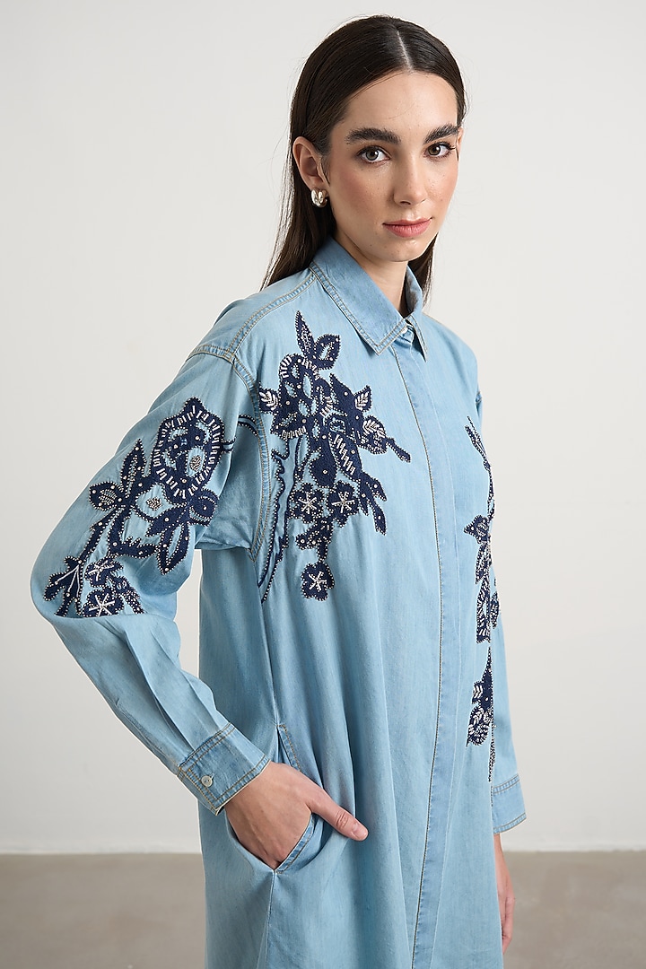 Blue Denim Floral Embroidered High-Low Shirt Vacation Dress by Nakateki at Pernia's Pop Up Shop