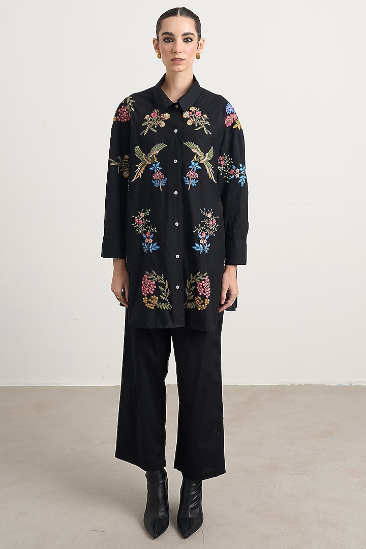 Black Cotton Floral Embroidered Co-Ord Set by Nakateki at Pernia's Pop Up Shop