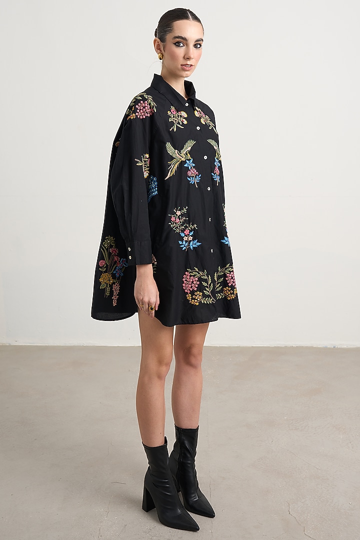 Black Cotton Floral Embroidered Co-Ord Set by Nakateki at Pernia's Pop Up Shop