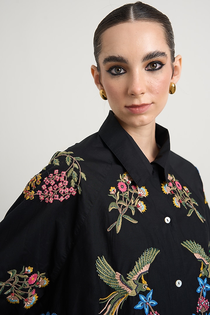 Black Cotton Floral Embroidered Co-Ord Set by Nakateki at Pernia's Pop Up Shop