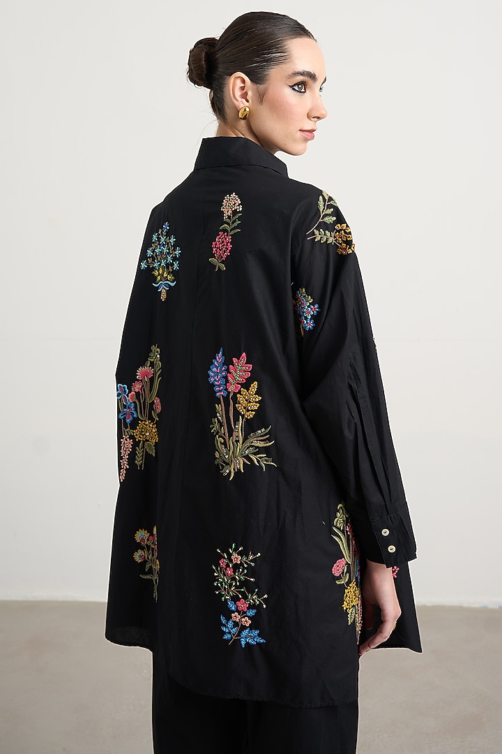 Black Cotton Floral Embroidered Co-Ord Set by Nakateki at Pernia's Pop Up Shop