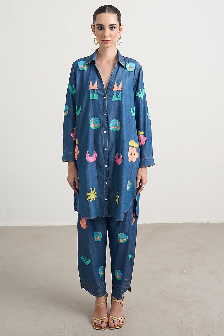 Blue Denim Abstract Embroidered Tunic Set by Nakateki at Pernia's Pop Up Shop
