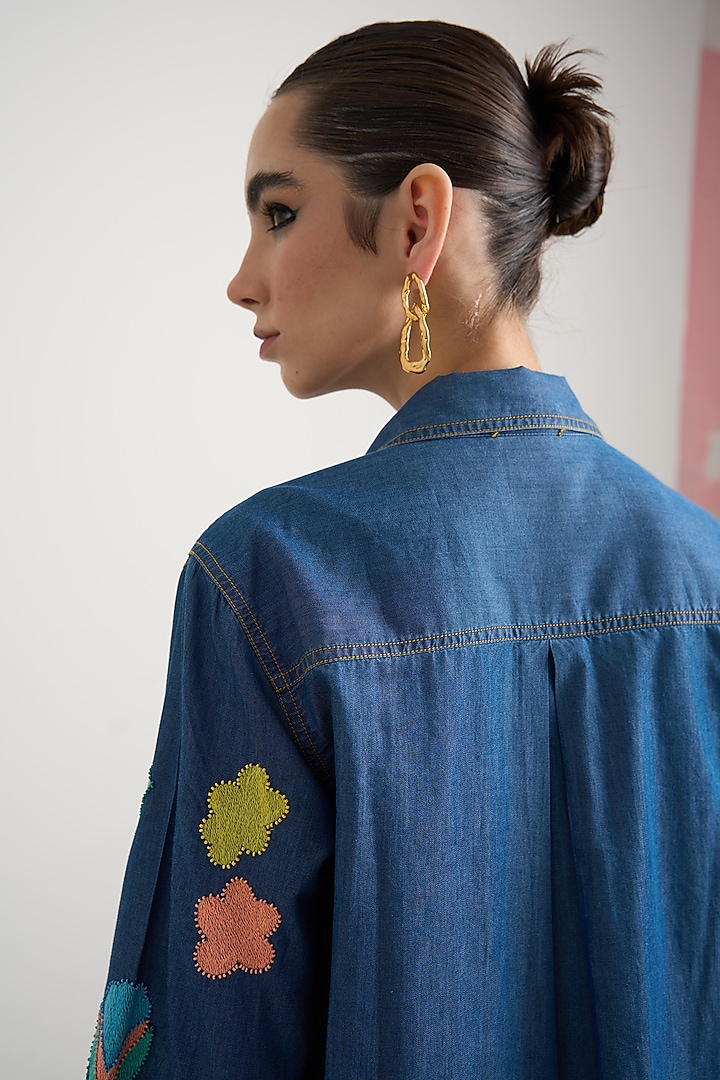 Blue Denim Abstract Embroidered Tunic Set by Nakateki at Pernia's Pop Up Shop