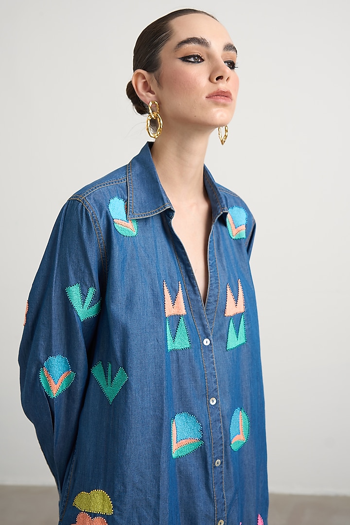Blue Denim Abstract Embroidered Tunic Set by Nakateki at Pernia's Pop Up Shop