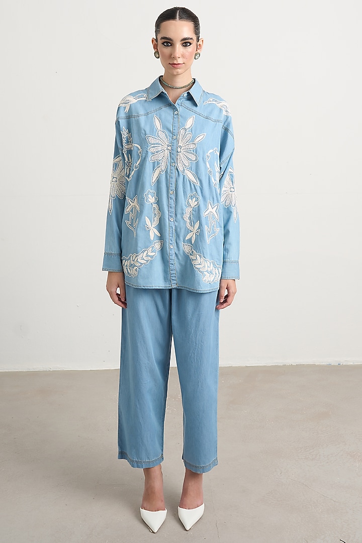 Blue Denim Applique Embroidered Co-Ord Set by Nakateki at Pernia's Pop Up Shop