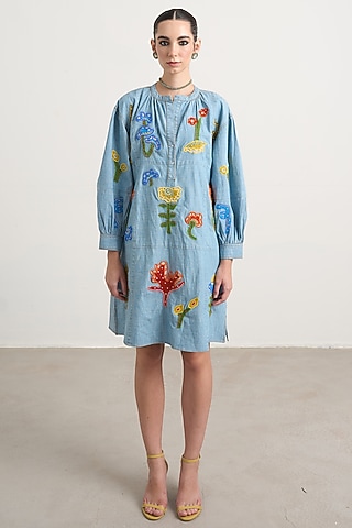 Blue Chambray Motif Patchwork Mini Dress by Nakateki