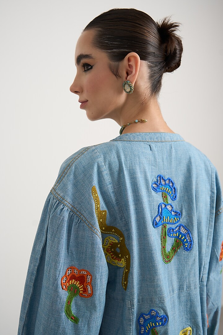Blue Chambray Motif Patchwork Mini Vacation Dress by Nakateki at Pernia's Pop Up Shop
