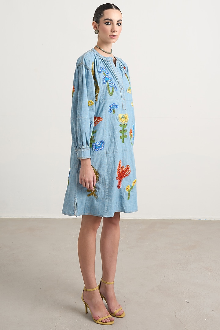 Blue Chambray Motif Patchwork Mini Vacation Dress by Nakateki at Pernia's Pop Up Shop